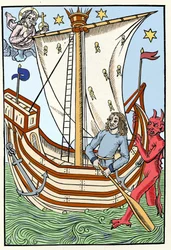 Ett skepp bland havets faror. En demon har gripit tag i fören medan Gud manifesterar sig till vänster. Gravyr från "Herdarnas stora kalender och kompost", Troyes 1491