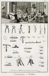 En sko- och stövelmakare och deras verktyg, från Encyclopedie des Sciences et Metiers av Denis Diderot (1713-84) publicerad ca 1770
