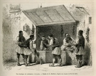 En skomakarbutik och hans kundkrets, i Livadie, teckning av D. Maillard, för att illustrera historien om Henri Belle: Voyage en Greece