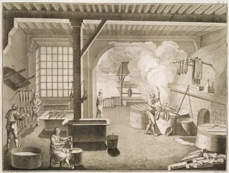 En verkstad för silkesfärgare, från Encyclopedie des Sciences et Metiers av Denis Diderot (1713-84) publicerad ca 1770