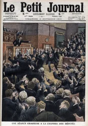 Ett stormigt sammanträde i deputeradekammaren - Premiärminister Aristide Briand anklagar socialisternas ledare Jean Jaurès för lagbrott - Illustration ur "Le Petit Journal", illustrerad bilaga
