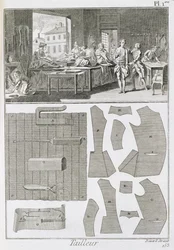 En skräddarverkstad och mönster, från Encyclopedie des Sciences et Metiers av Denis Diderot (1713-84) publicerad ca 1770