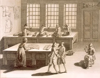 En skräddarverkstad från Encyclopedie des Sciences et Metiers av Denis Diderot (1713-84) publicerad ca 1770