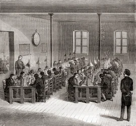 En telegrafstation i Paris, Frankrike c.1870, från Les Merveilles de la Science, publicerad c.1870 (engaving)