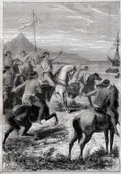 En trupp män till häst bar en vit flagga: viceamiral John Byron (1723-1786) mottagen av infödingarna i Cape des Virgins, vid den östra mynningen av Magellans Detroit 1764 - illustration från "The Great Mariners of the 18th century ””