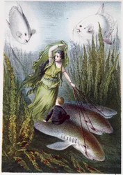 En kvinna och en pojke flyr från jättefiskar på hajar - i "Resan till havets botten" av H. de la Blanchère. Paris, red. Jouvet et Cie, sd. 1880. (dubbel 02944)