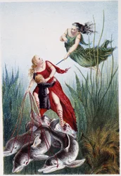 En kvinna attackerar en annan kvinna och en pojke ledda av delfiner - i "" Resan till havets botten"" av H. de la Blanchère. Paris, red. Jouvet et Cie, sd. 1880. (dubbel 02947 och 02952)