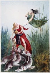 En kvinna som attackerar en annan kvinna och en pojke som leds av delfiner - i "Resan till havets botten" av H. de la Blanchère. Paris, ed. Jouvet et Cie, sd. 1880. (dubbel 02947)