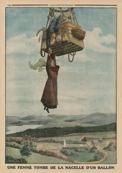 En kvinna som faller ner från en ballongs gondol, illustration på baksidan från 