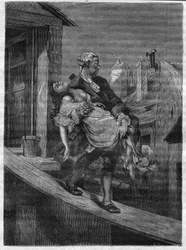 En ung flicka förs bort för kung Ludvig XV:s nöjen i Deer Park. Gravyr i "Prostitutionens och utsvävningens historia bland alla världens folk från antiken till våra dagar" av Dr Th. -F. Debray. 1879.