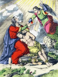 Abrahams offer. Gravyr i "The main facts of Holy History". Epinal Imaging, 4:e serien. Pellerin och Cie, tryckare-förlag, Epinal. Slutet av 1800-talet. Mått: 5,5x3,5cm