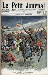 Abessinierhövding på en razzia, Etiopien, mars 1908 (kristna abessinier slåss mot muslimska somalier på gränsen mellan Etiopien och Somalia) från Le Petit Journal (gravyr)