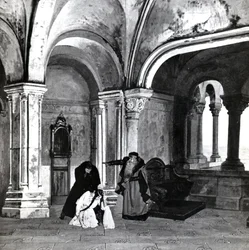 Akt IV, Scen 2 av Pelleas et Melisande av Debussy, från ett fotografi av den första produktionen i april 1902 av operan på Opera-Comique i Paris, illustration i Theatre magazine, juni 1902 (l
