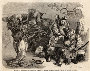 Skådespelare och dansare från Mikados hov i scenkostym. Gravyr för att illustrera resan till Japan 1863-1864, av Aime Humbert, minister i Schweiziska edsförbundet, i "Le tour du monde, nouveau journal des voyages", utgiven under ledning av Ed
