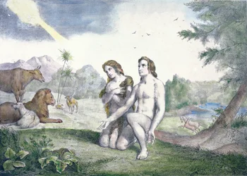 Adam och Eva i Edens lustgård, sent 1800-tal (färgstick)