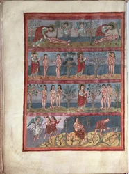 Add.10546 f.5v Adam och Eva, från Moutier-Grandval Bibeln, upplyst i den karolingiska klostret St. Martin, Tours, latin, c.834-843 (vellum)