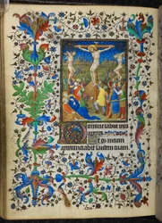 Lägg till 16997 f.153v Crucifixion, från Chevalier Hours, c.1420 (vellum)