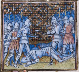 Add. 38659 fol.170, Sir John Chandos död. Ett medeltida slag, illumination ur ”Chroniques de France et d