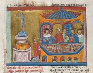 Lägg till. MS 15268, fol. 242v Janus tempel med senatorer som äter i förgrunden, från "Ancient History to Caesar" (vellum)