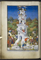 Lägg till Ms 18850 f.17v Building of the Tower of Babel, från Book of Hours (The Bedford Hours) c.1410-30 (bläck, färg & guld på veläng)