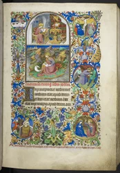 Lägg till evangeliumutdrag från Ms 18850 f.19r inklusive utdrag från Johannes, Lukas, Matteus och Markus, från Timmeboken (The Bedford Hours) c.1410-30 (bläck, färg och guld på veläng)