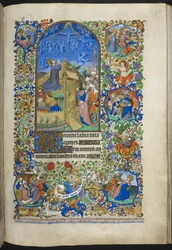 Lägg till Ms 18850 f.208r, Hours of the Passion: Agony in the Garden, med ytterligare scener i kanten, från Book of Hours (The Bedford Hours) c.1410-30 (bläck, färg & guld på veläng)