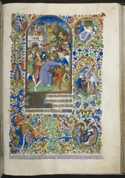 Lägg till Ms 18850 f.235r, Hours of the Passion [Sext], Kristus bär korset, från Book of Hours (The Bedford Hours) c.1410-30 (bläck, färg & guld på veläng)