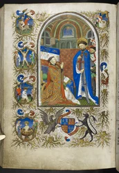 Lägg till Ms 18850 f.256v, Duke of Bedford before St George, från Book of Hours (The Bedford Hours) c.1410-30 (bläck, färg & guld på veläng)