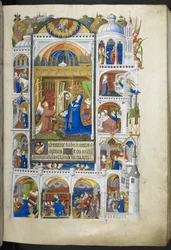Lägg till Ms 18850 f.32r, The Annunciation, från Book of Hours (The Bedford Hours) c.1410-30 (bläck, färg & guld på veläng)