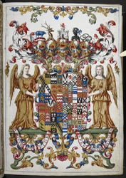 Lägg till Ms 18850 f.s008r Coat of Arms från Book of Hours (The Bedford Hours) c.1410-30 (bläck, färg & guld på veläng)