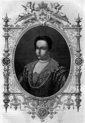 Adelaide av Bourgogne (931-999), änka av Lothaire (greve av Paris och hertig av Frankrike) och andra hustru till Othon I den store. Gravyr i "Histoire des Papes-Rois-Queen and Empereurs a travers les centuries"" av Maurice Lachatre