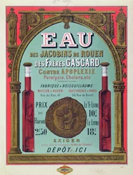 Annons för "Eau des Jacobins de Rouen", mitten av artonhundratalet (lito i färg)