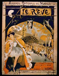 Annons för musikalen The Dream, på Academie Nationale de Musique, graverad av Gillot, ca 1890 (färgstick)