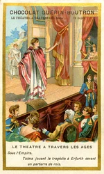 Reklam Chromolithography of Chocolates Guerin Boutron, teatern genom tiderna, 72 ämnen, under Talma Empire spelar tragedi i Erfurth framför en grop av kungar (kromolitografi)