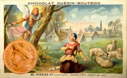 Reklamkromolitografi av choklad Guerin Boutron, kung Charles VII från 1422 till 1461. Jeanne d