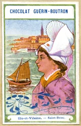 Reklamkromolitografi av choklad Guerin Boutron, huvudbonaderna i regionerna i Frankrike, Ille et Vilaine, Saint Briac, illustration Emile Jammes (kromolitografi)