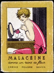Reklamvykort för Malacéíne skönhetsprodukter. omkring 1920.