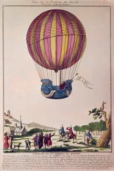 Aerostat: det andra försöket att flyga på en ballong. Charles och Robert landar på Prairie de Nesle, nära Paris, efter en resa med en vätgasballong den 01/12/1783. Gravyr från 1700-talet.