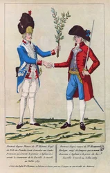 Porträtt efter naturen av Sieur Harne, grenadjär, och Sieur Humbert, urmakare. De var de första männen som attackerades under erövringen av Bastiljen den 14 juli 1789. Gravyr från 1790.