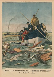 Efter katastrofen med kejsarinnan av Irland, på jakt efter offren, illustration på baksidan från "Le Petit Journal", bilaga illustre, 14 juni 1914