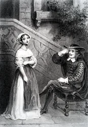 Agnes med sin vårdnadshavare Arnolphe, från The School for Wives, av Moliere