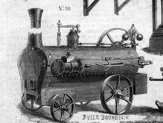 Jordbruksmaskin: en lokomobil som presenterades vid lantbrukstävlingen i Paris 1860. Gravyr i "" Le Monde Illustré"" nr 169 den 7 juli 1860.