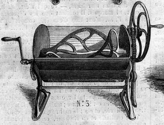 Jordbruksmaskin: en mekanisk petrin för brödtillverkning som presenterades på 1860 års jordbruksutställning i Paris. Gravyr i "" Le Monde Illustré"" nr 168 av 30 juni