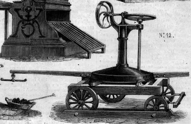 Jordbruksmaskin: en bärbar manege som presenterades vid lantbrukstävlingen i Paris 1860. Gravyr i "" Le Monde Illustré"" nr 169 den 7 juli 1860.