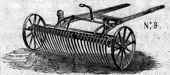 Jordbruksmaskin: en engelsk hästkratta presenterad vid lantbrukstävlingen i Paris 1860. Gravyr i "" Le Monde Illustré"" nr 169 av 7 juli 1860.