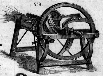 Jordbruksmaskin: en engelsk halmyxa som presenterades vid lantbrukstävlingen i Paris 1860. Gravyr i "" Le Monde Illustré"" nr 169 den 7 juli 1860.