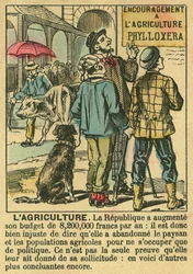 Jordbruket illustrerar den tredje republikens fördelar på jordbruksinvesteringar och dess oro för bondebefolkningen. Gravyr, i "" Le Figaro, tillägg"", den 30/03/1889, Paris. Coll. Selva.