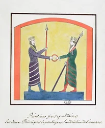 Ahura Mazda och Angra Mainyu tvistar om världen, kopia av en fris från Persepolis
