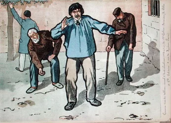 Alkoholister i fattighuset, kopia av en detalj från Dr Galtier-Boissiere väggmålning om farorna med alkoholism, slutet av 1800-talet (färg litho)