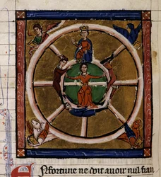 Alexander III den store (356-323 f.Kr.) som sitter på lyckohjulet omger tetramorfen. Miniatyr av manuskriptet "Histoire ancienne à la Cesar", omkring 1260-1270 skriven av en kontorist i tjänst av Roger IV:s hov, Chatelain av Lille (120)